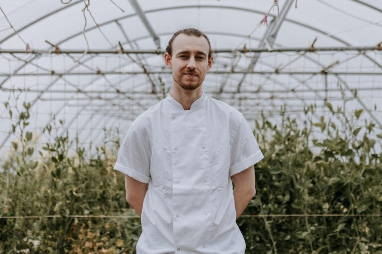 The Head Chef at The Ferry House in Kent in one of the poly tunnels in the kitchen garden.