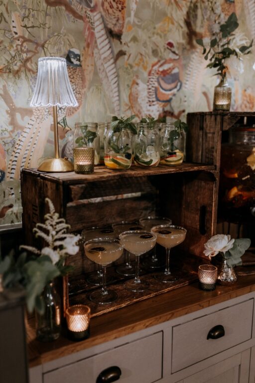 Cocktails for a drinks reception at countryside wedding venue The Ferry House in Kent.