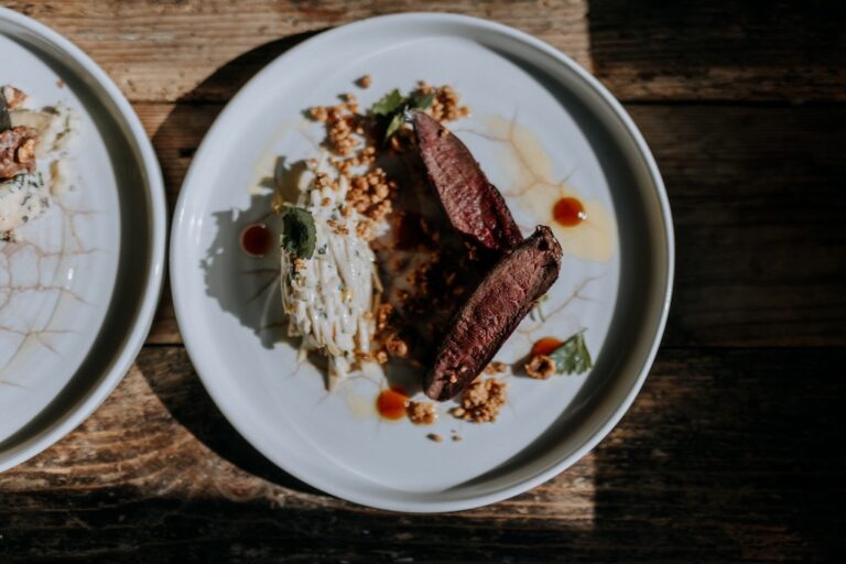A new game dish plated for a wedding at The Ferry House barn wedding venue in Kent.